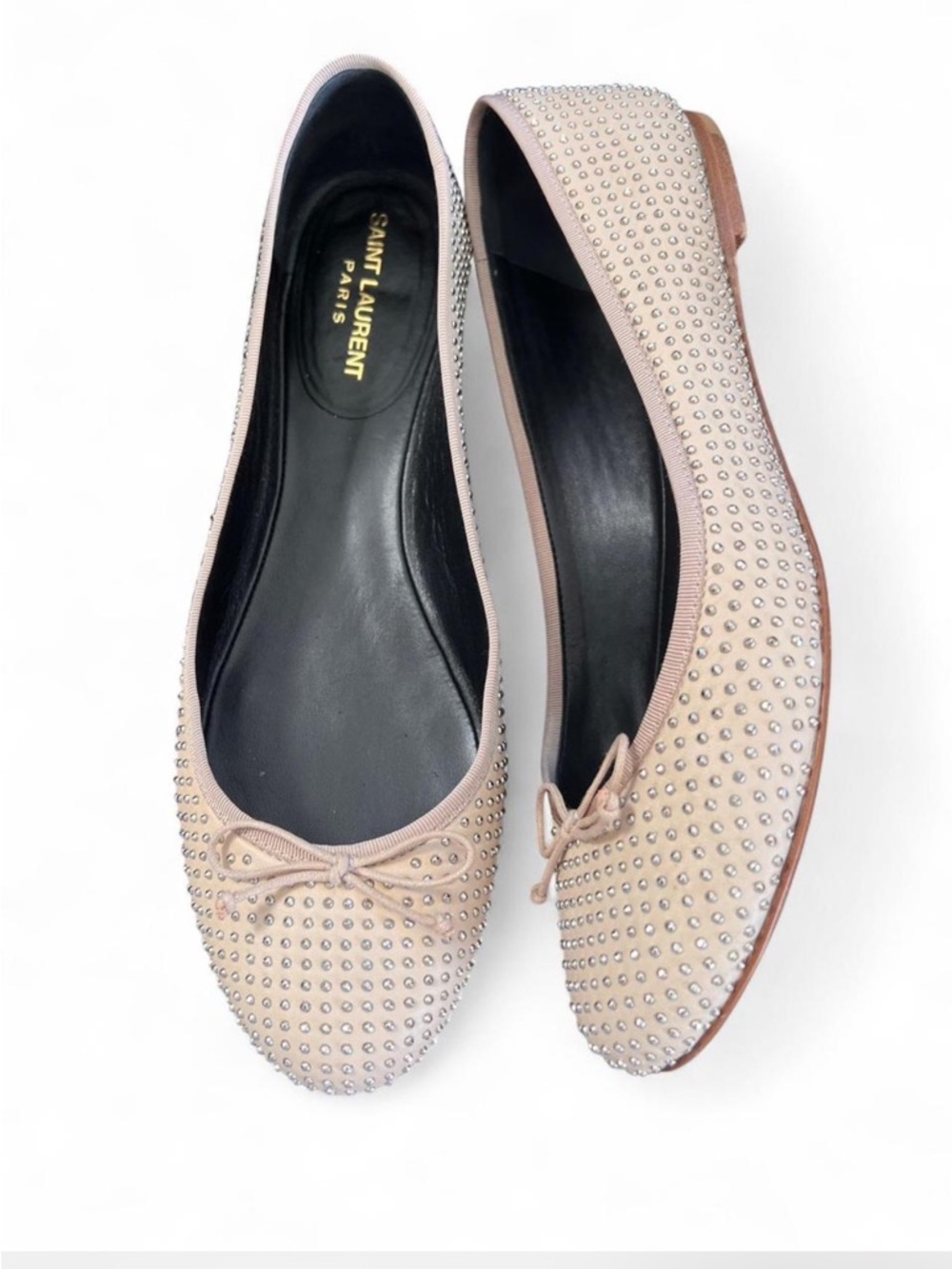 SAINT LAURENT Nude Leather Silver Studded Bow Ballet Flats Size 40